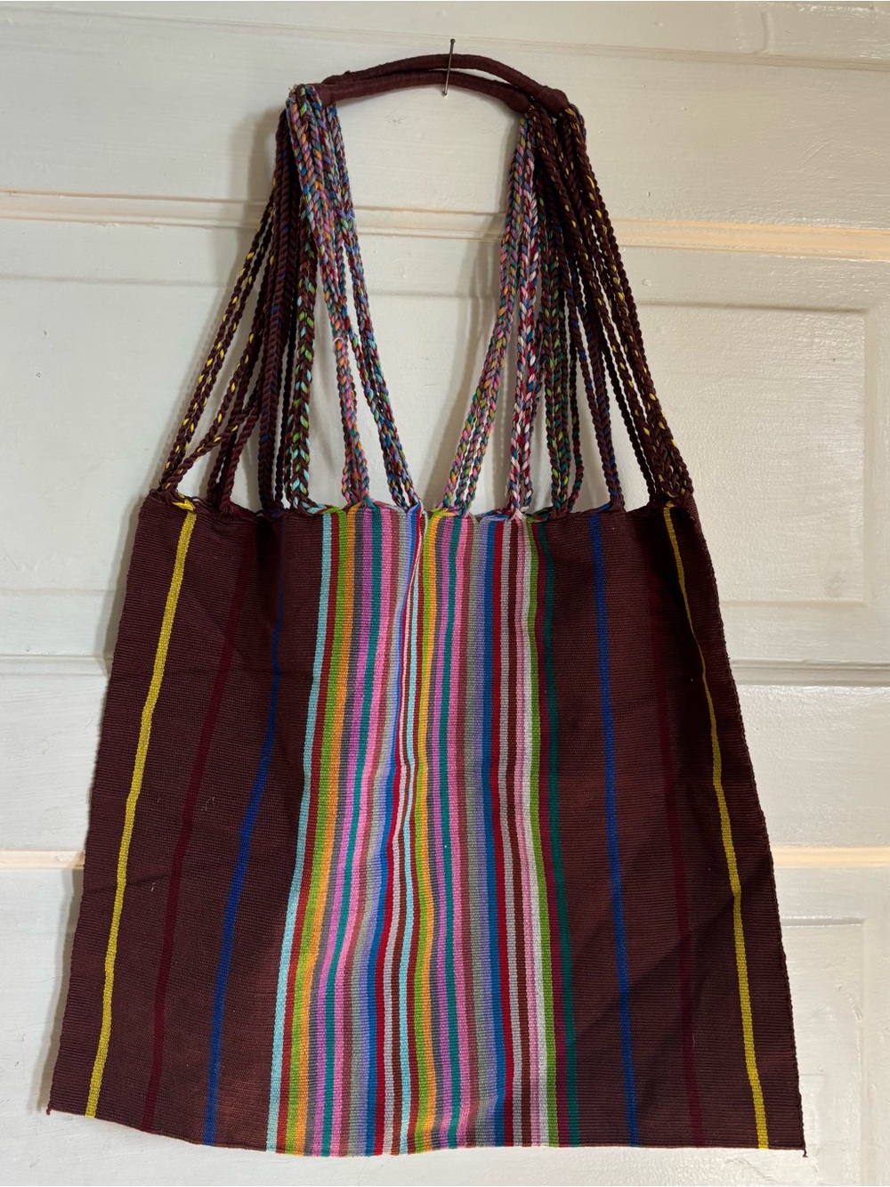Gorgeous woven Cotton Bag 
with braided Handles
Brown with multi color stripes